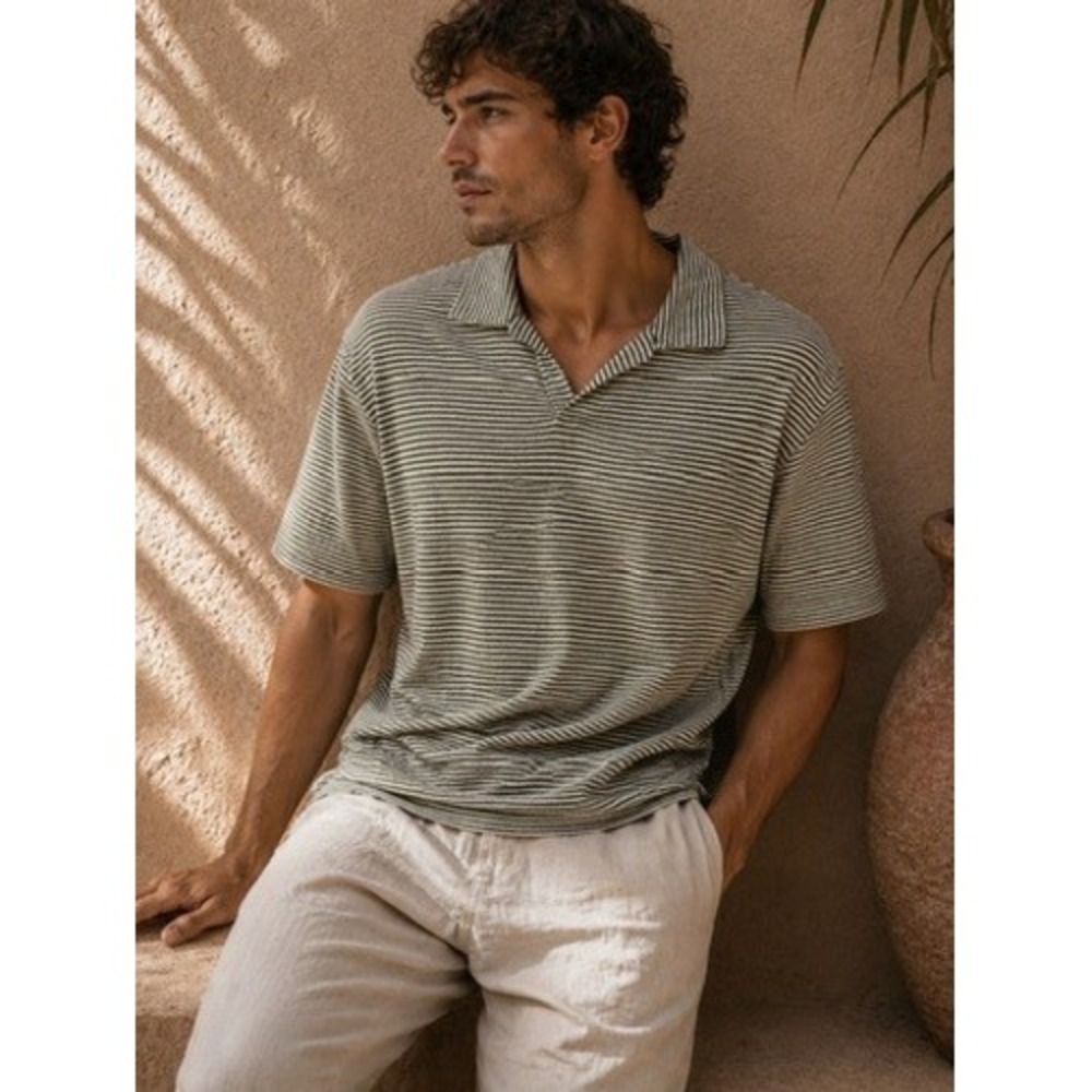 Onia Mens Striped Linen Blend Short Sleeve V-Neck Polo Shirt Olive Green Size S